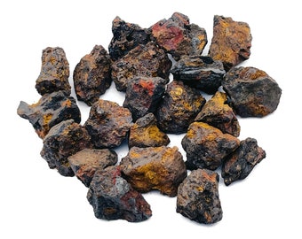 May include: A collection of rough, dark brown and orange hematite stones. The stones are irregularly shaped and have a rough, textured surface.