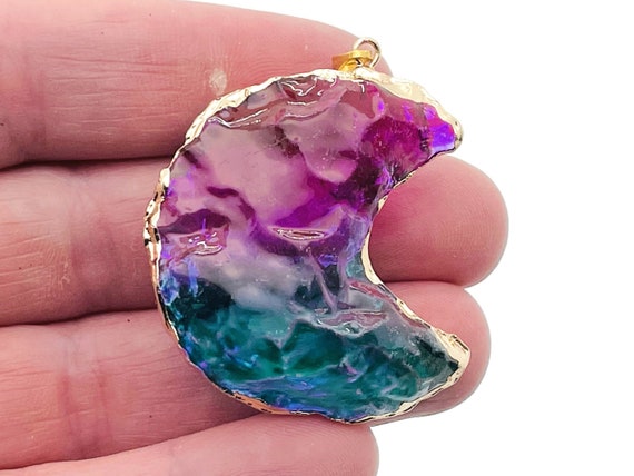 Rainbow Aura Moon Pendant - Aura Quartz Pendant - Blue-Purple Quartz - Love Stone - NC1308