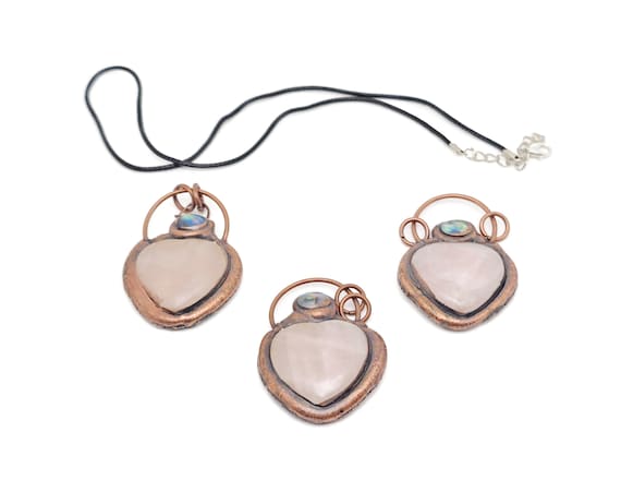 Gemstone Heart Rose Quartz Pendant - Rose Quartz Necklace - Copper Pendant - With Rope - For Women Gift - NC1040