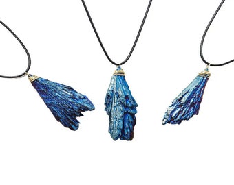 Blue Aura Kyanite Fan Pendant - Brass Wire Wrapped Pendant - Crystals Healing - Gifts - NC1001