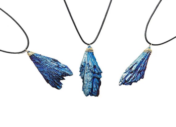 Blue Aura Kyanite Fan Pendant - Brass Wire Wrapped Pendant - Crystals Healing - Gifts - NC1001