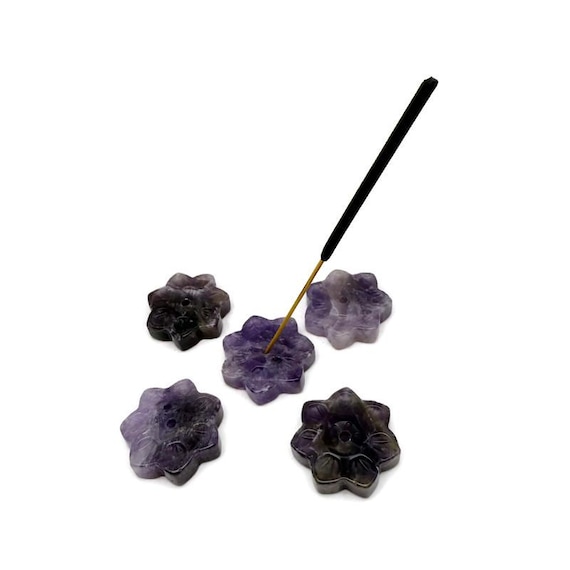 Amethyst Natural Crystal Flower Incense Holder – Carved Gemstone Stick Burner for Meditation - TZ1007