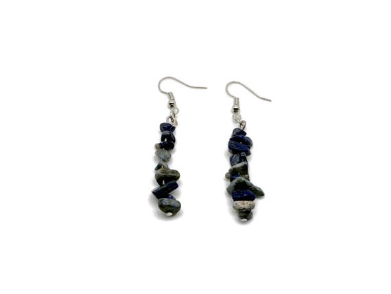 Lapis Lazuli Crystal Chip Earrings - Silver Dangle Earrings - Handmade Crystal Earrings - Stainless Steel - Minimalist Jewelry - NC1861