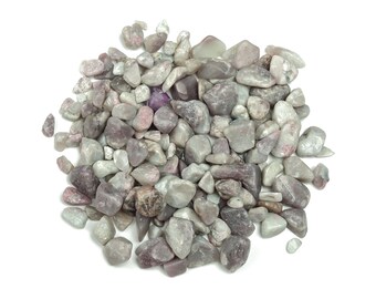 May include: A pile of tumbled, light gray and purple stones. The stones are smooth and have a natural, polished look.