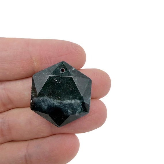 Moss Agate Hexagon Crystal Pendant – Faceted Stone Necklace Bead - NC1935