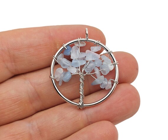 Aquamarine Tree Of Life Gemstone Pendants - Bulk Wholesale Crystals - Handmade Crystal Tree Jewelry - Healing Pendants - NC1703