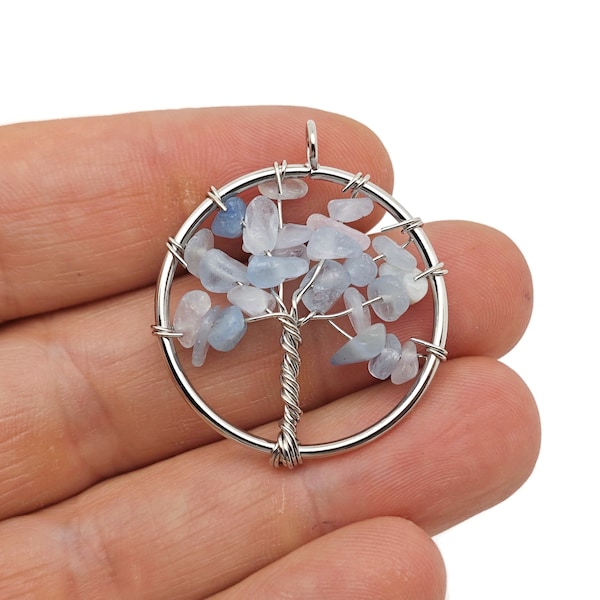 Aquamarine Tree Of Life Gemstone Pendants - Bulk Wholesale Crystals - Handmade Crystal Tree Jewelry - Healing Pendants - NC1580