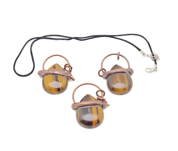 Gemstone Drop Tiger Eye Pendant - Tiger Eye Necklace - Copper Pendant - With Rope - For Women Gift - NC1010