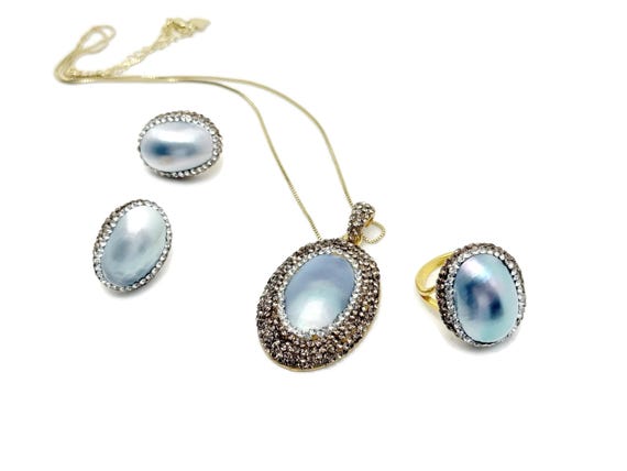 Elegant Blue Pearl Jewelry Set – Necklace, Ring & Earrings – Gold Plated with CZ Crystals – Bridal or Evening Gift Set - NC1948