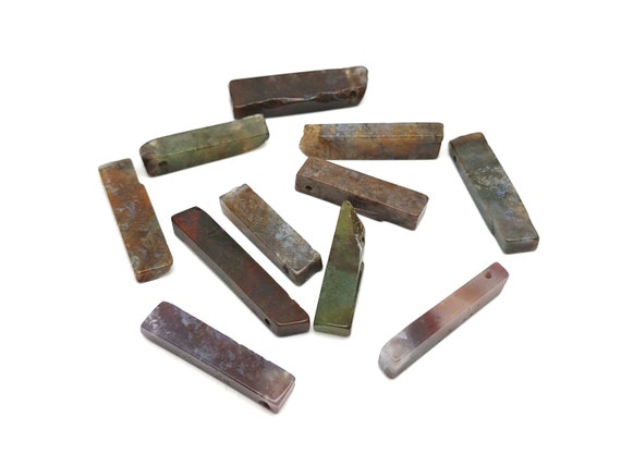 Moss Agate Drilled Tumbled Stones - Rectangle Hole Tumbled Stone - Making Jewelry Cytsals - Bulk Stones - NC1803