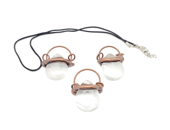 Gemstone Drop Clear Quartz Pendant - Clear Quartz Necklace - Copper Pendant - With Rope - For Women Gift - NC1748