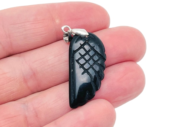 Obsidian Crystal Angel Wing Pendant - Carved Angel Wing - Crystal Jewelry - Angel Wing Charms - NC1236