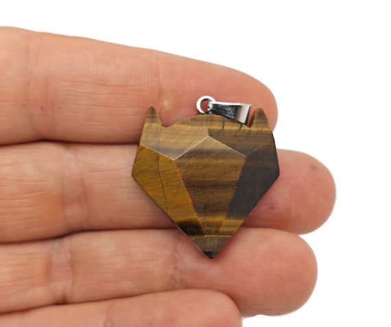 Tiger Eye Wolf Head Gemstone Pendant - Natural Stone Wolf Carving Crystal - Crystal Wolf head - Wolf Head Crystal Jewelry - NC1592