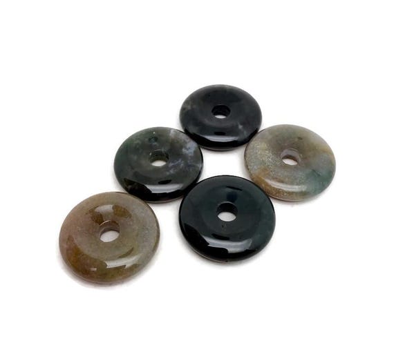 Moss Agate Crystal Donut Pendant - Polished Pi Stone Charm - 30mm - DO1099