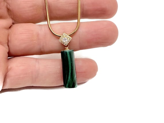 Malachite Cylinder Necklace – Green Crystal Pendant on Gold Chain for Protection & Power - NC1939