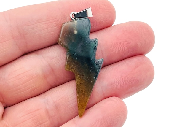 Moss Agate Lightning Pendant - Lightning Crystal - Lightning Stone - Crystal Carving - NC1186