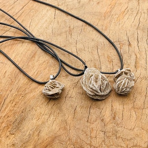 May include: Three rose quartz pendants on black cords. The pendants are different sizes and are arranged in a row on a wooden surface.