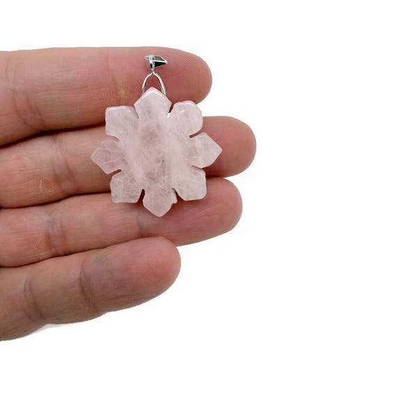 Rose Quartz Gemstone Snowflake Pendant – Carved Crystal Flower Charm - NC1915