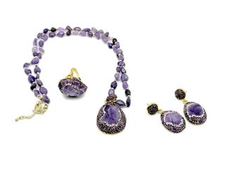 Amethyst Jewelry Set – Druzy Pendant Necklace, Ring & Dangle Earrings – Purple Crystal Gift – Handmade Boho Chic Jewelry - NC1799