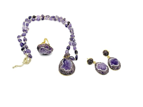 Amethyst Jewelry Set – Druzy Pendant Necklace, Ring & Dangle Earrings – Purple Crystal Gift – Handmade Boho Chic Jewelry - NC1949