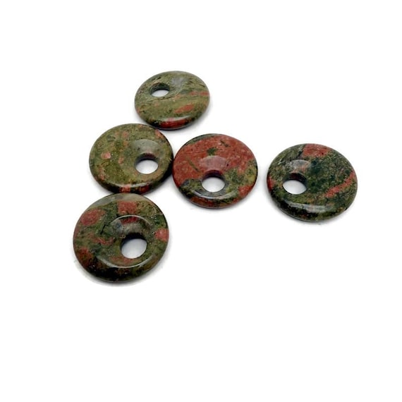 Unakite Polished Gemstone Donut Pendant – Healing Crystal Necklace Component - 30mm - DO1108