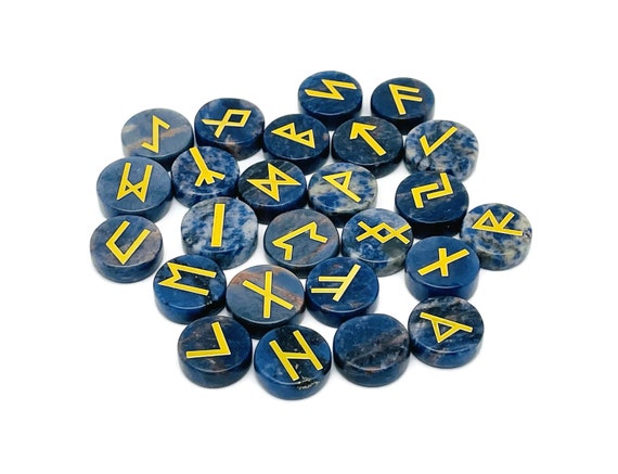 Sodalite Crystal Rune Stone Set - Elder Futhark Alphabet Engraved 25 pcs Runes Set - Pocket Stones - Choose Your Gemstone - RU1005