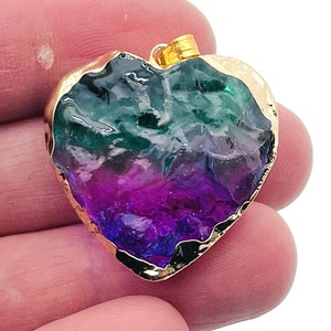 Rainbow Aura Heart Pendant - Aura Quartz Pendant - Green-Purple Quartz - Loose Crystal - NC1312