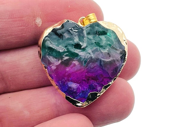 Rainbow Aura Heart Pendant - Aura Quartz Pendant - Green-Purple Quartz - Loose Crystal - NC1312