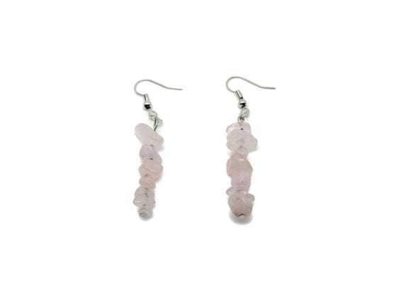 Rose Quartz Crystal Chip Earrings - Silver Dangle Earrings - Handmade Crystal Earrings - Stainless Steel - Minimalist Jewelry - NC1852