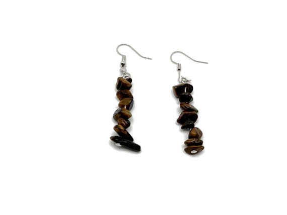 Tiger Eye Crystal Chip Earrings - Silver Dangle Earrings - Handmade Crystal Earrings - Stainless Steel - Minimalist Jewelry - NC1856
