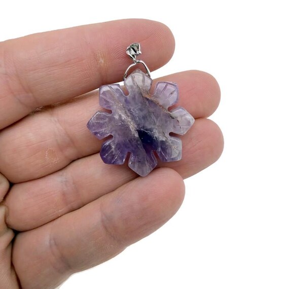 Amethyst Gemstone Snowflake Pendant – Carved Crystal Flower Charm - NC1925