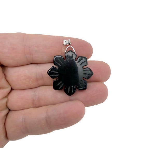 Obsidian Gemstone Snowflake Pendant – Carved Crystal Flower Charm - NC1916