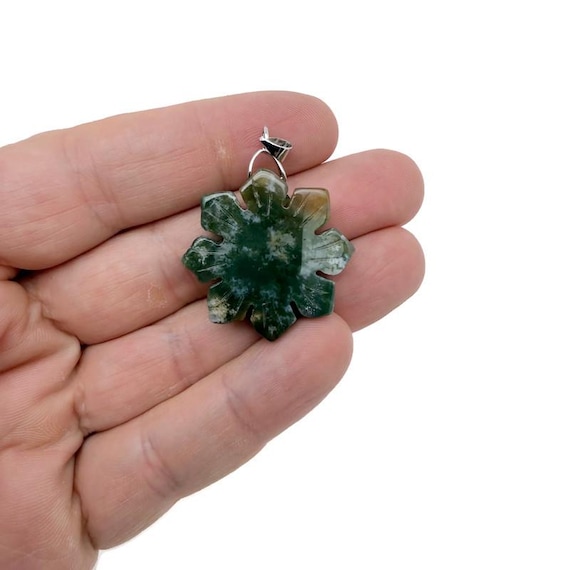 Moss Agate Gemstone Snowflake Pendant – Carved Crystal Flower Charm - NC1921