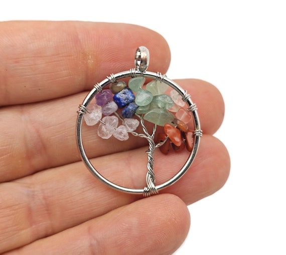Seven Chakra Tree Of Life Gemstone Pendants - Bulk Wholesale Crystals - Handmade Crystal Tree Jewelry - Healing Pendants - NC1712