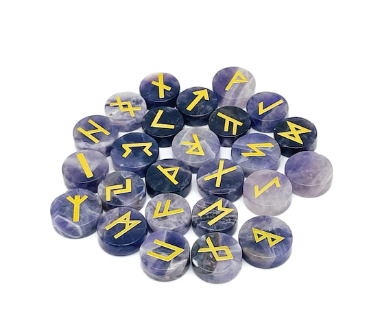 Amethyst Crystal Rune Stone Set - Elder Futhark Alphabet Engraved 25 pcs Runes Set - Pocket Stones - Choose Your Gemstone - RU1006
