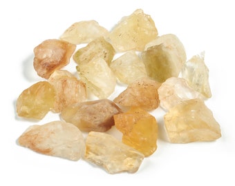 May include: A collection of rough, translucent yellow and orange citrine crystals. The crystals are various sizes and shapes, with some having a more opaque, cloudy appearance.