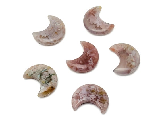 Flower Agate Gemstone Moon - Crystal Moon - Carved Moon - Healing Crystal - Gemstone Crescent – 3×1.6cm – MO1058