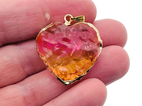 Rainbow Aura Heart Pendant - Aura Quartz Pendant - Pink-Yellow - Loose Crystal - NC1314
