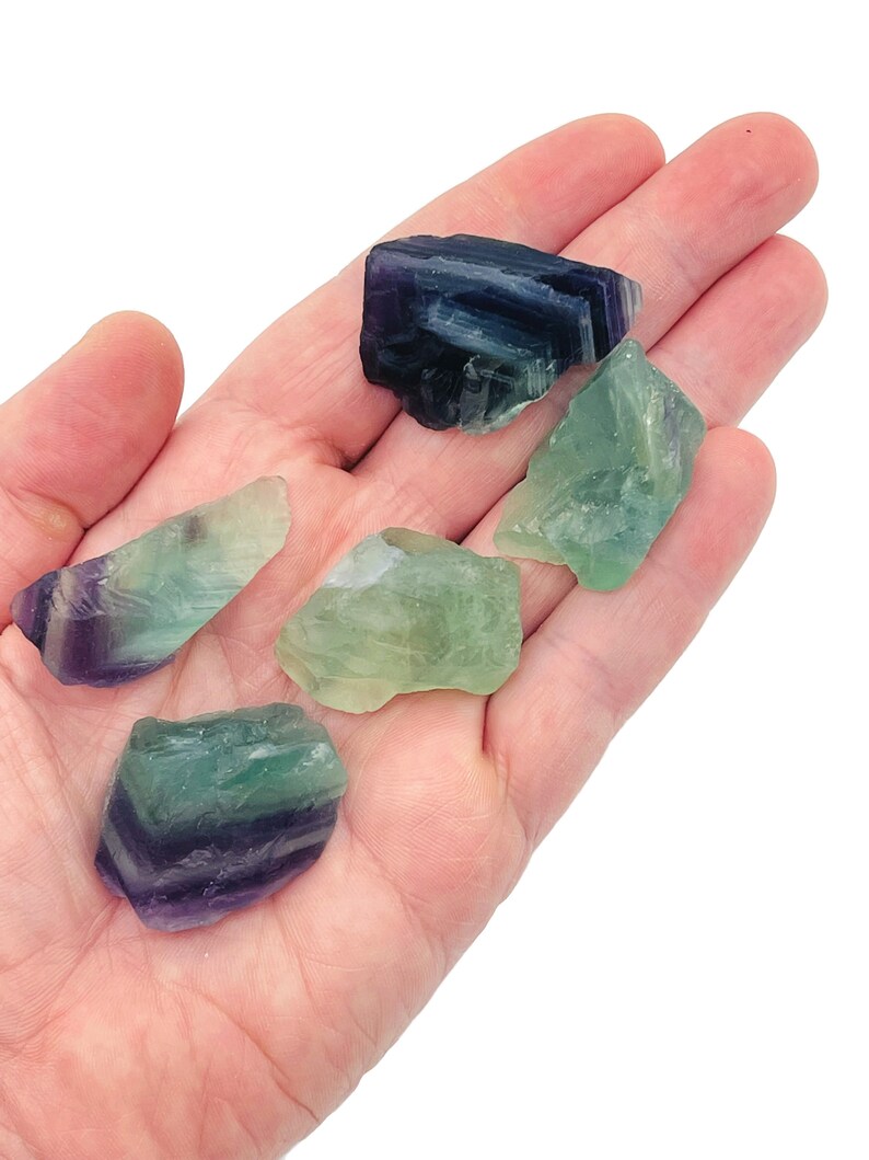 May include: Five green and purple fluorite crystals in various shapes and sizes, held in a hand.