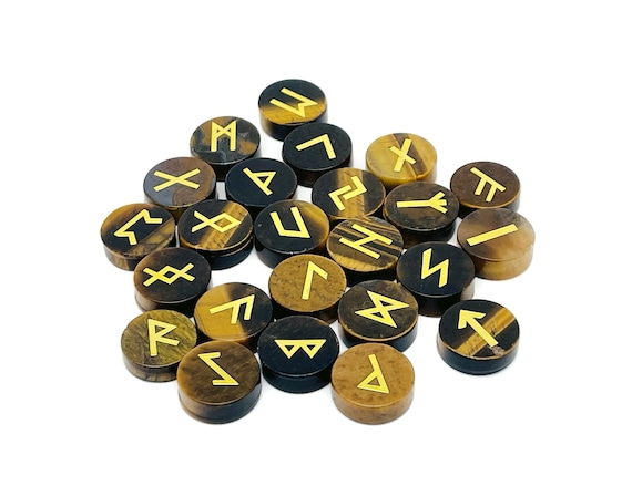 Tiger Eye Crystal Rune Stone Set - Elder Futhark Alphabet Engraved 25 pcs Runes Set - Pocket Stones - Choose Your Gemstone - RU1002