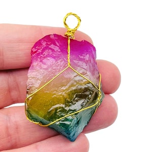 Rainbow Aura Quartz Pendant - Brass Wire Wrapped Pendant - Necklace Jewelry Stone - Chakra Gift - NC1052