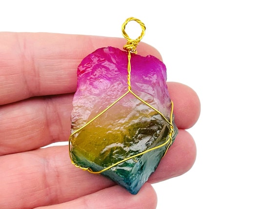 Rainbow Aura Quartz Pendant - Brass Wire Wrapped Pendant - Necklace Jewelry Stone - Chakra Gift - NC1052