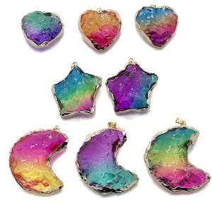 Rainbow Aura Heart Pendants - Aura Quartz Pendant - Moon-Star-Heart Crystal - Loose Crystal - NCMIX