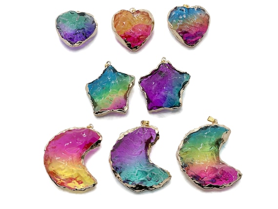 Rainbow Aura Heart Pendants - Aura Quartz Pendant - Moon-Star-Heart Crystal - Loose Crystal - NCMIX