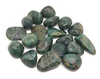 May include: A collection of smooth, green aventurine tumbled stones. The stones are various sizes and shapes, with a mottled green and brown pattern.