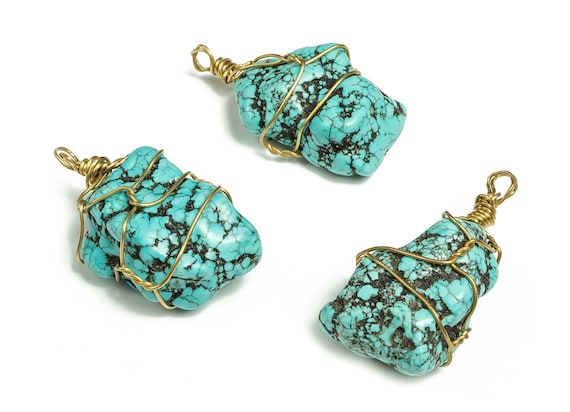 Turquoise Pendant - Brass Wire Wrapped Pendant – Turquoise Crystal Stone – Turquoise Gemstones – Healing Stones - OR1009