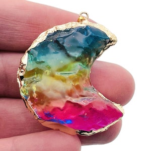 Rainbow Aura Moon Pendant - Aura Quartz Pendant - Blue-Yellow-Pink Quartz - Loose Crystal - NC1309