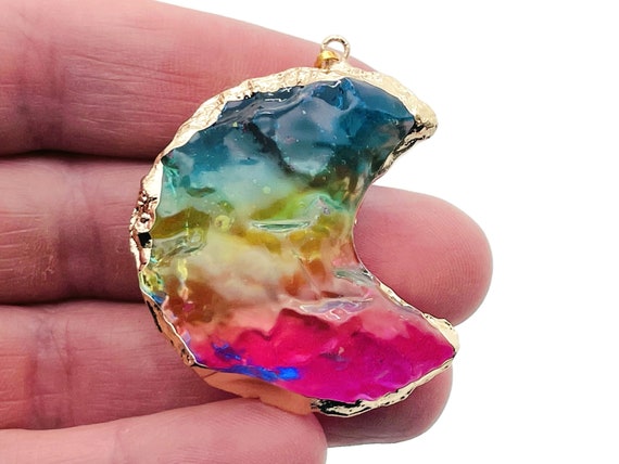 Rainbow Aura Moon Pendant - Aura Quartz Pendant - Blue-Yellow-Pink Quartz - Loose Crystal - NC1309