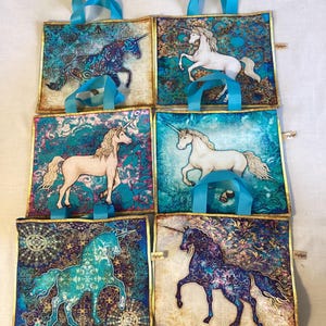 Handmade Unicorn Gift Bags, Eco-friendly, reusable fabric bags with handles, Birthday gifts, Storage bags, unicorn bags, Handmade in the UK. image 1