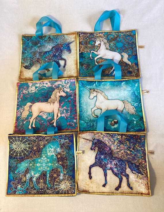 Handmade Unicorn Gift Bags, Eco-friendly, reusable fabric bags with handles, Birthday gifts, Storage bags, unicorn bags, Handmade in the UK.